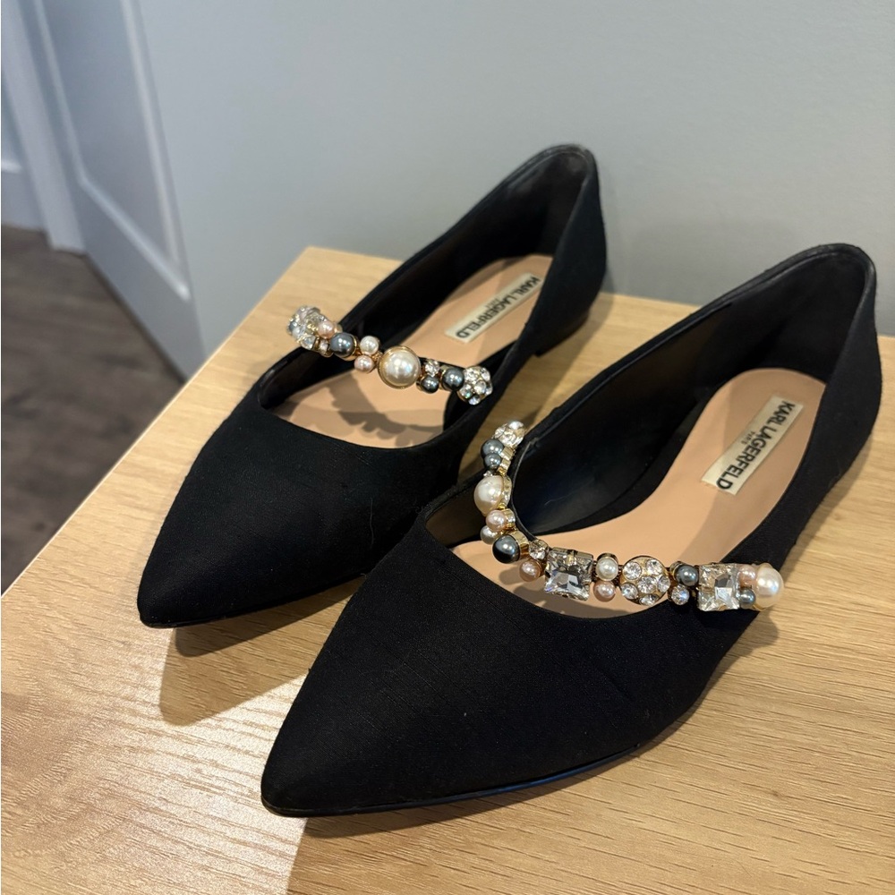 Karl Lagerfeld Black Mary Jane Flats with Pearl Embellishments